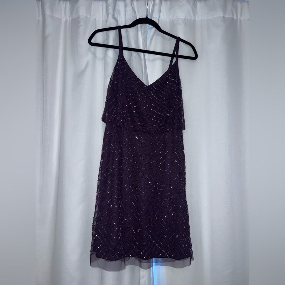 Adrianna Papell Art Deco Beaded Blouson Mini Dress Dark Purple